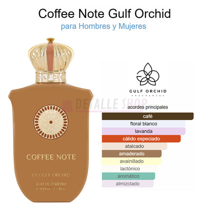 Perfume árabe Coffee Note de Gulf Orchid, esencia unisex elegante y sofisticada con toque de café y almizcle.