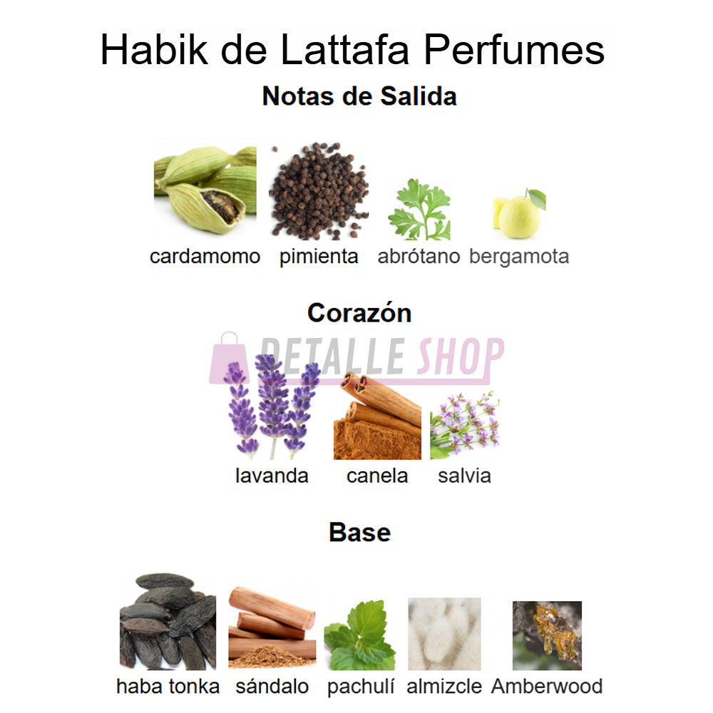 Ingredientes del perfume árabe Habik de Lattafa para hombres con especias y maderas