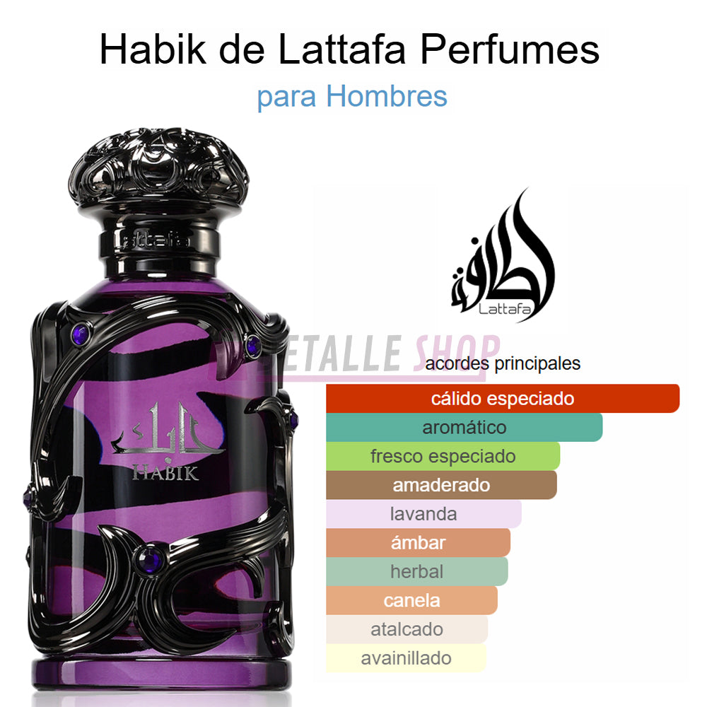Notas olfativas del perfume Habik de Lattafa: cardamomo, lavanda, sándalo y especias