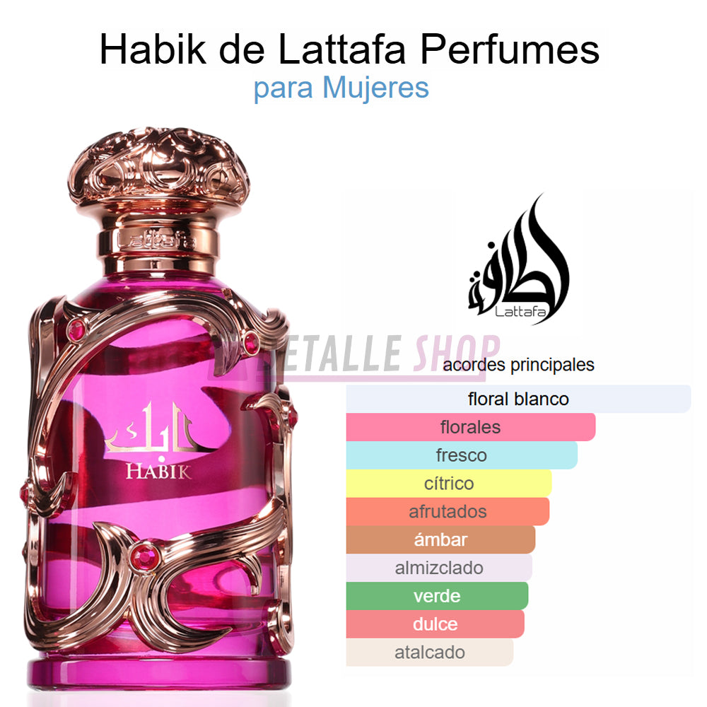 Notas olfativas del perfume Habik de Lattafa para mujer: pera, bergamota, jazmín y lirio de los valles