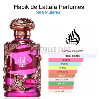 Notas olfativas del perfume Habik de Lattafa para mujer: pera, bergamota, jazmín y lirio de los valles