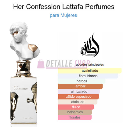Presentación completa del perfume femenino Her Confession de Lattafa, fragancia árabe elegante.
