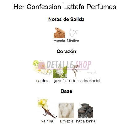 Imagen de producto del perfume Lattafa Her Confession, aroma duradero y sofisticado para mujer.
