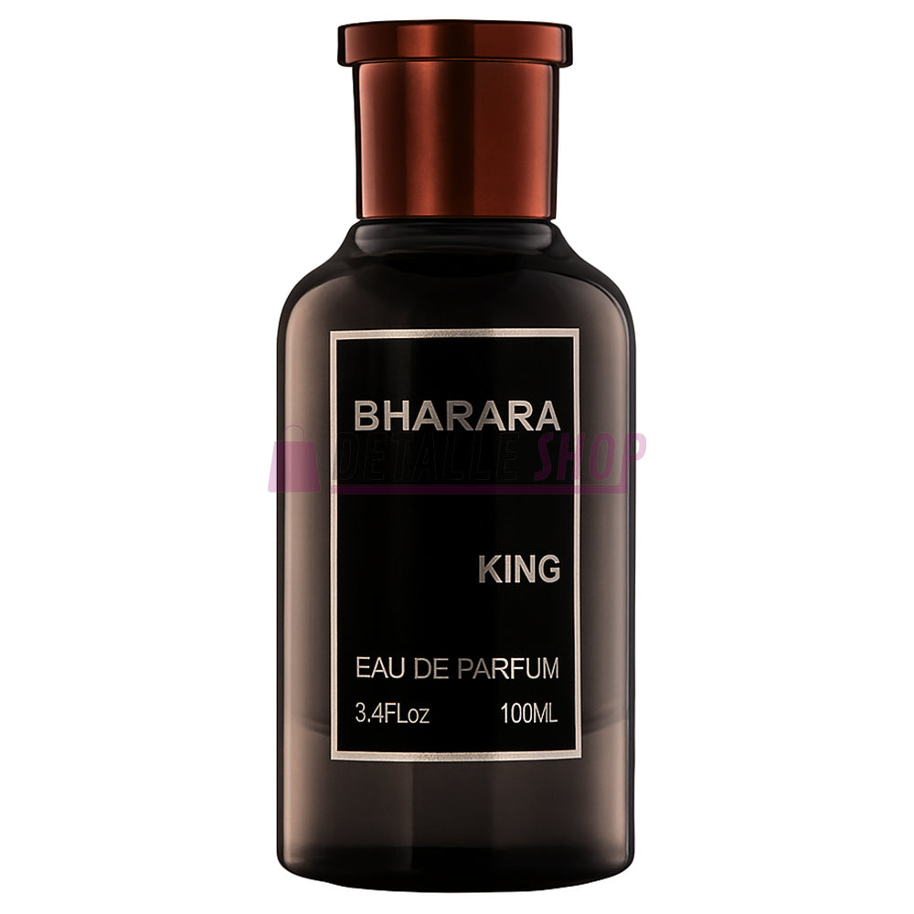 King Bharara botella perfume masculino con notas citricasy afrutada, duración larga y estilo sofisticado.