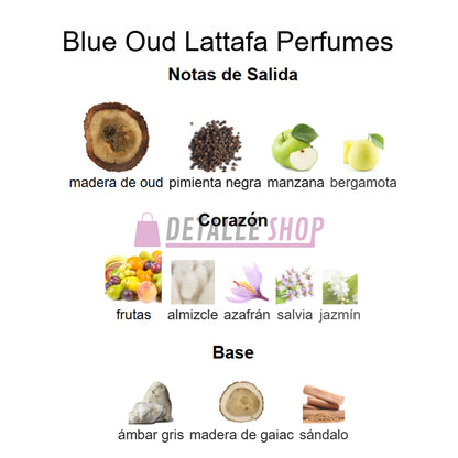 Botella original del perfume Blue Oud de Lattafa, diseño elegante con acabado azul y dorado.