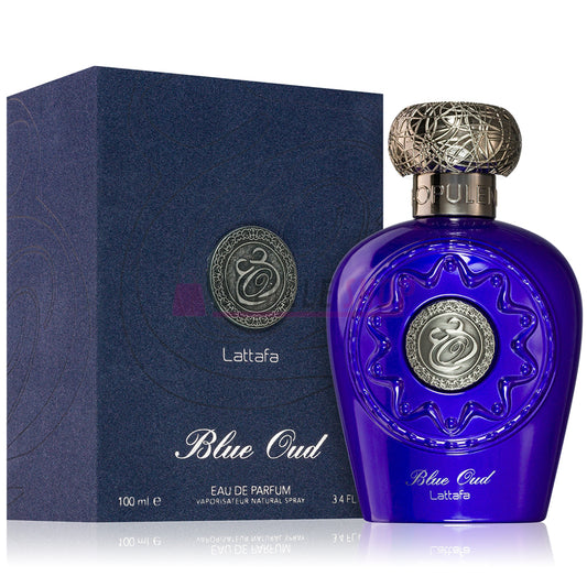 Perfume Blue Oud de Lattafa para hombre, fragancia árabe intensa y elegante en presentación Eau de Parfum.