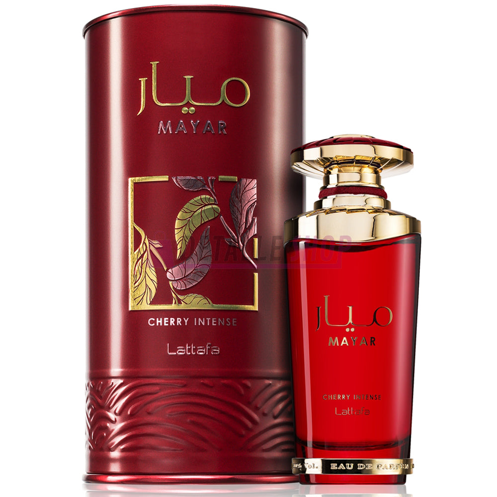 Perfume árabe Mayar Cherry Intense de Lattafa, fragancia femenina dulce y afrutada de cereza.