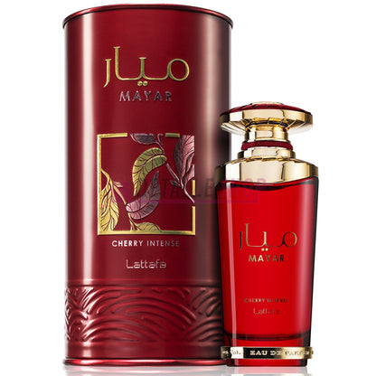 Perfume árabe Mayar Cherry Intense de Lattafa, fragancia femenina dulce y afrutada de cereza.