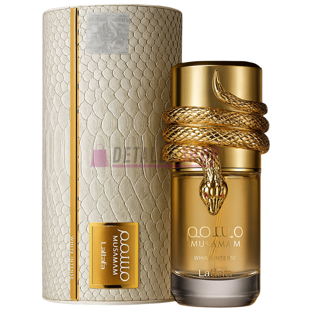 Packaging elegante del perfume Musamam White Intense de Lattafa, fragancia oriental floral