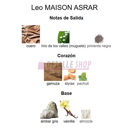 perfume unisex Leo de Maison Asrar, fragancia oriental cuero notas del perfume