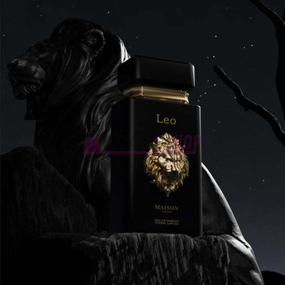 Packaging elegante del perfume Leo de Maison Asrar, fragancia oriental cuero unisex.