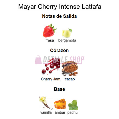 Botella de Mayar Cherry Intense Lattafa con notas de cereza, vainilla y ambar.