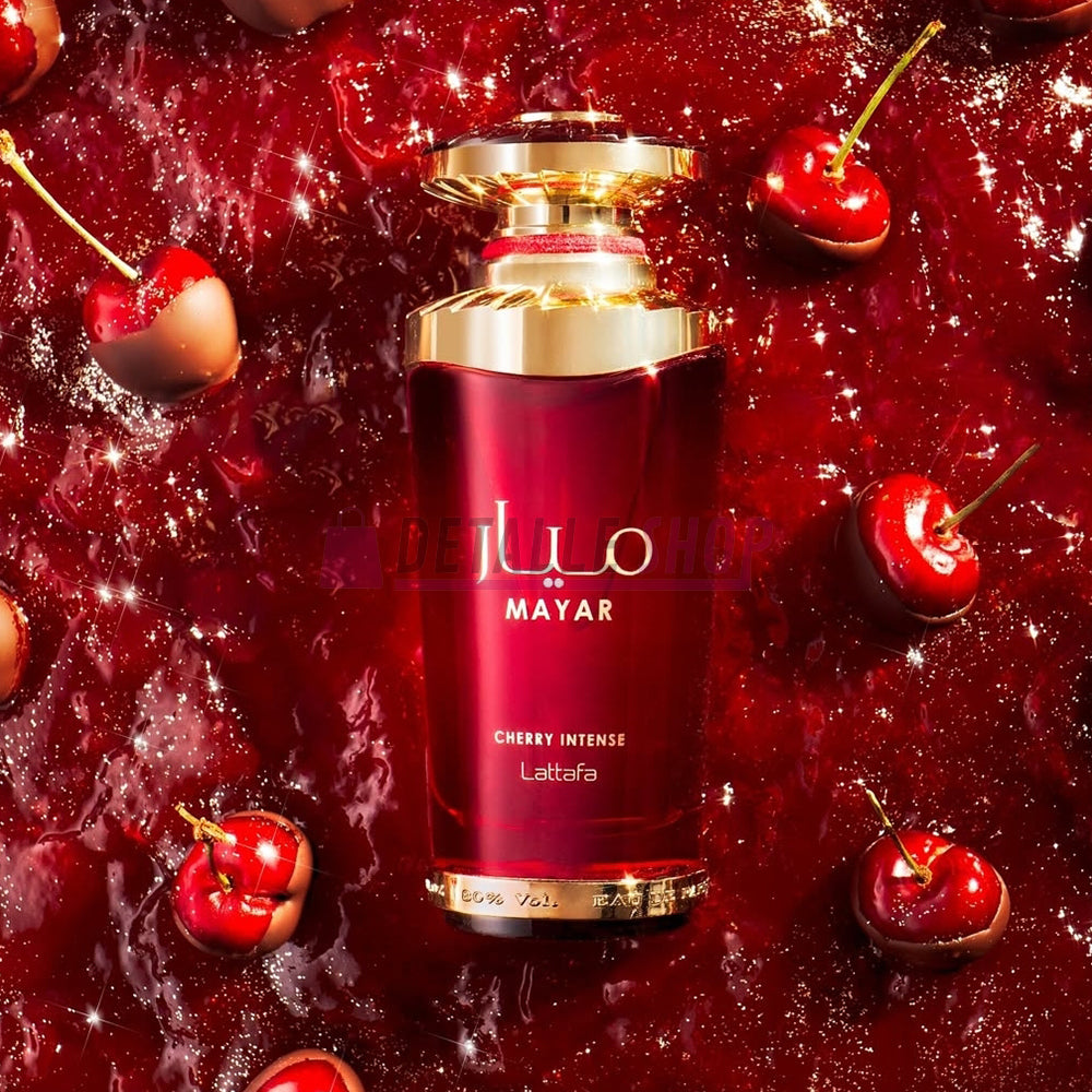 Presentación completa del perfume femenino Mayar Cherry Intense de Lattafa, fragancia gourmand.
