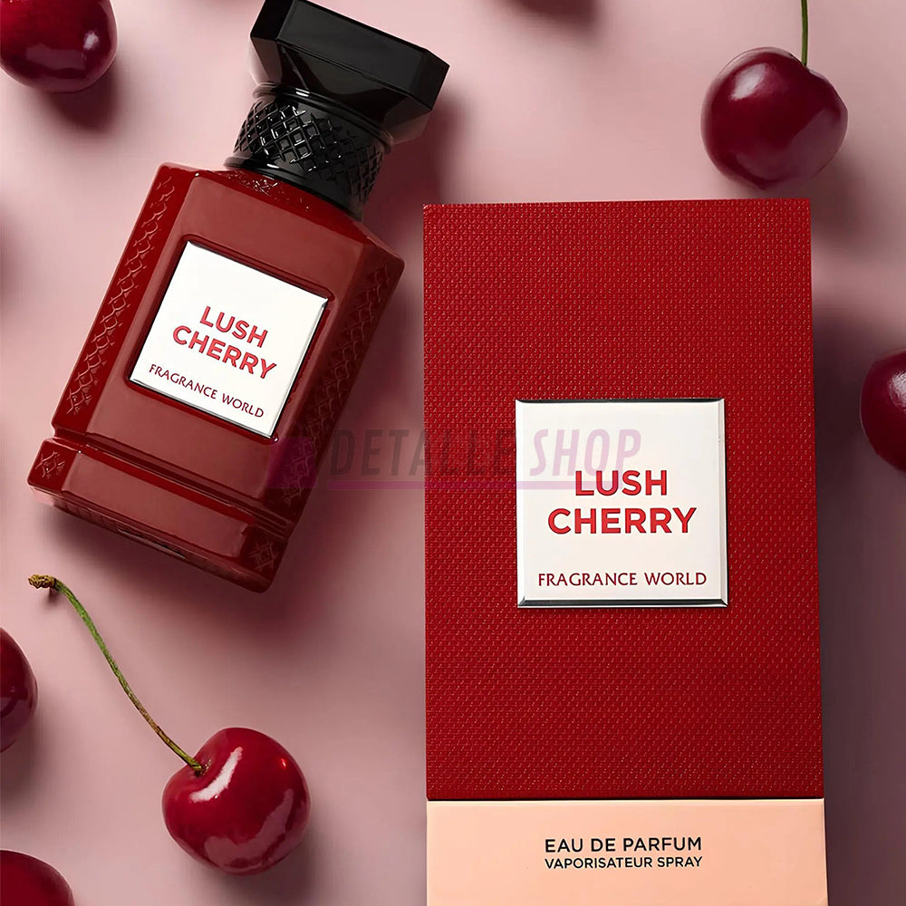 Muestras de perfumes árabes Fragrance World en Málaga, incluyendo el perfume Lush Cherry con notas de cereza y esencia oriental, fragancia de lujo ideal para regalo.