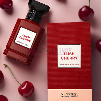 Muestras de perfumes árabes Fragrance World en Málaga, incluyendo el perfume Lush Cherry con notas de cereza y esencia oriental, fragancia de lujo ideal para regalo.