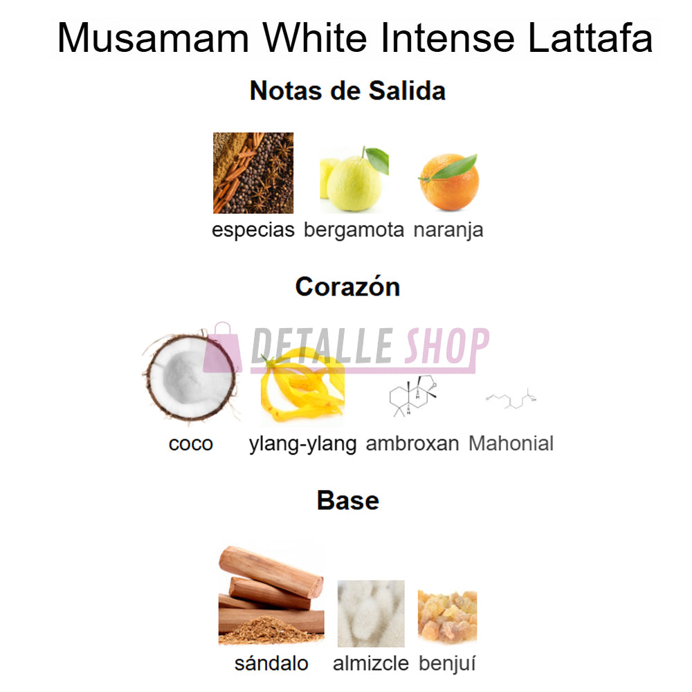 Perfume árabe Lattafa Musamam White Intense vista frontal, fragancia unisex oriental floral.
