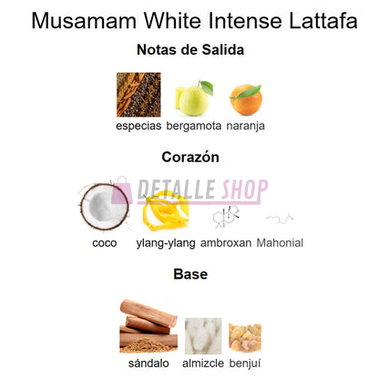 Perfume árabe Lattafa Musamam White Intense vista frontal, fragancia unisex oriental floral.