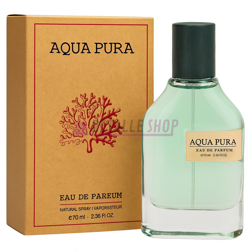 Perfume unisex Aqua Pura de Fragrance World inspirado en Megamare, aroma marino fresco y potente.