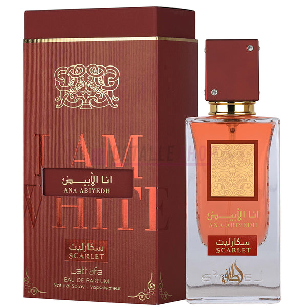 caja y bote perfume árabe Ana Abiyedh Scarlet de Lattafa para mujer