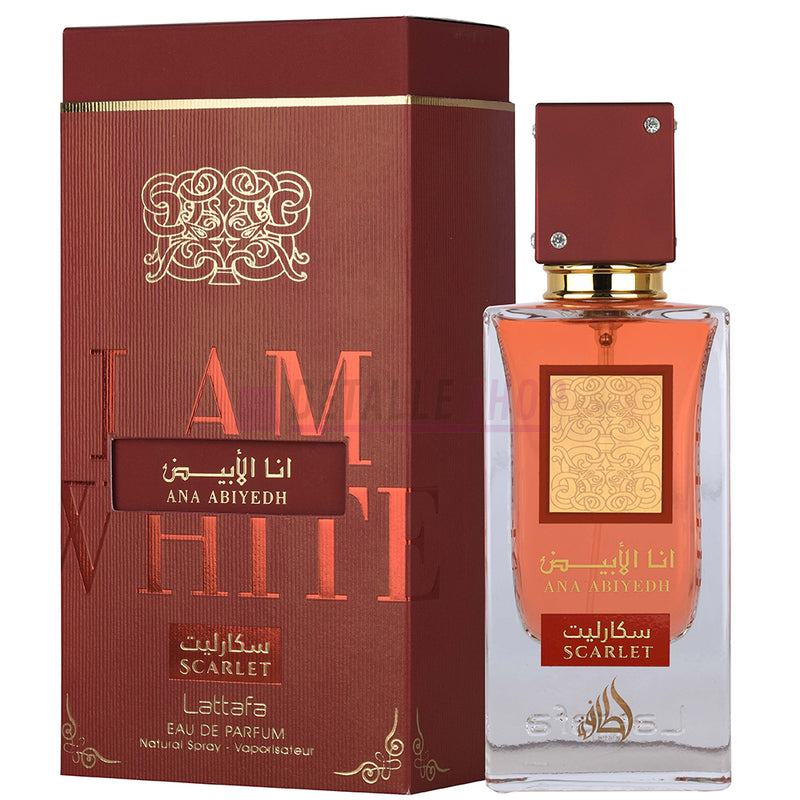 caja y bote perfume árabe Ana Abiyedh Scarlet de Lattafa para mujer