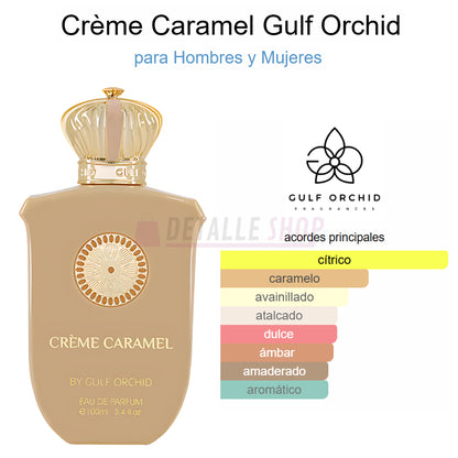 Botella del perfume Crème Caramel de Gulf Orchid gourmand citrico notas perfume