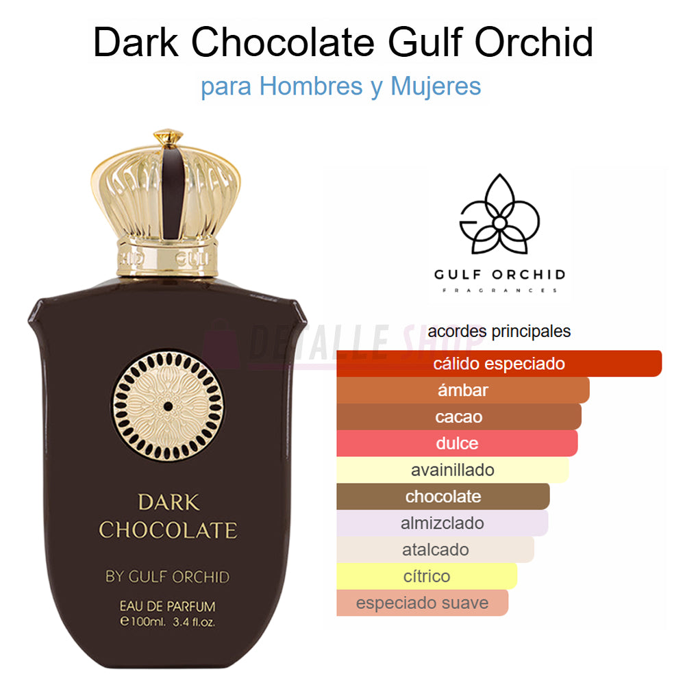 Perfume árabe Dark Chocolate de Gulf Orchid, fragancia intensa y sofisticada para hombre y mujer.