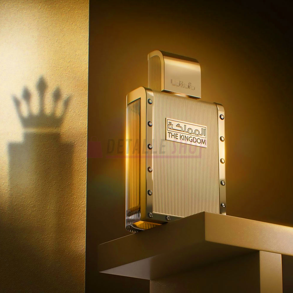 Perfume árabe de lujo THE KINGDOM de Lattafa, ideal para hombres elegantes le male elixir jean paul gaultier.