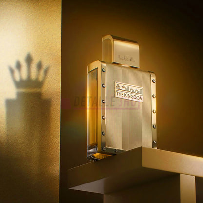 Perfume árabe de lujo THE KINGDOM de Lattafa, ideal para hombres elegantes le male elixir jean paul gaultier.