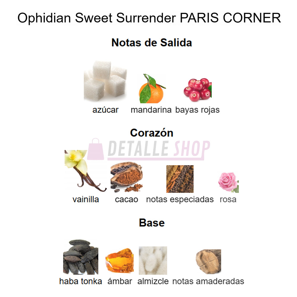 Perfume de lujo árabe Ophidian Sweet Surrender de Paris Corner, mezcla sensual con notas ambaradas.