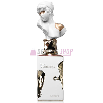 Botella de Her Confession Lattafa con notas de flores blancas y vainilla, aroma sensual femenino