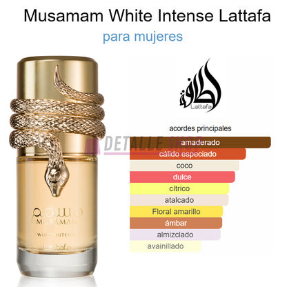 Presentación completa del perfume árabe Musamam White Intense de Lattafa, fragancia exclusiva.