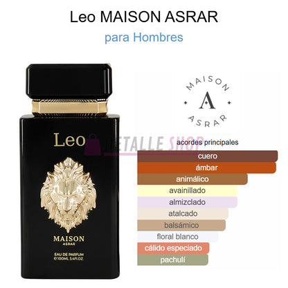 Botella de Leo Maison Asrar con notas de cuero, pimienta negra y ámbar gris.