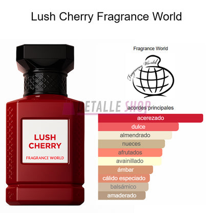 Perfume árabe Lush Cherry de Fragrance World en Madrid, fragancia sofisticada con aroma a cereza intensa, perfume de inspiración Dubái para hombres y mujeres.