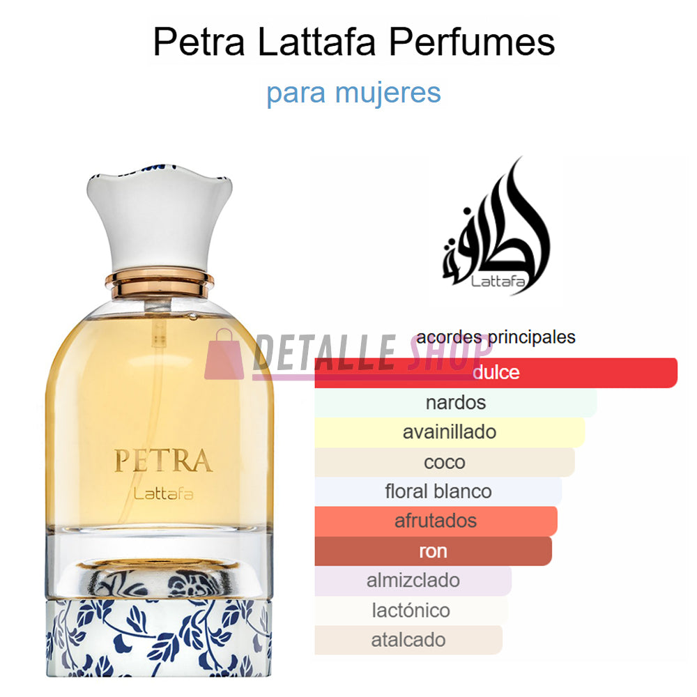 Perfume árabe Petra de Lattafa con coco y vainilla perfume arabe dubai oriental perfumeria en lorca murcia alicante dubai malaga sevilla comprar notas reseñas opiniones perfume para mujer