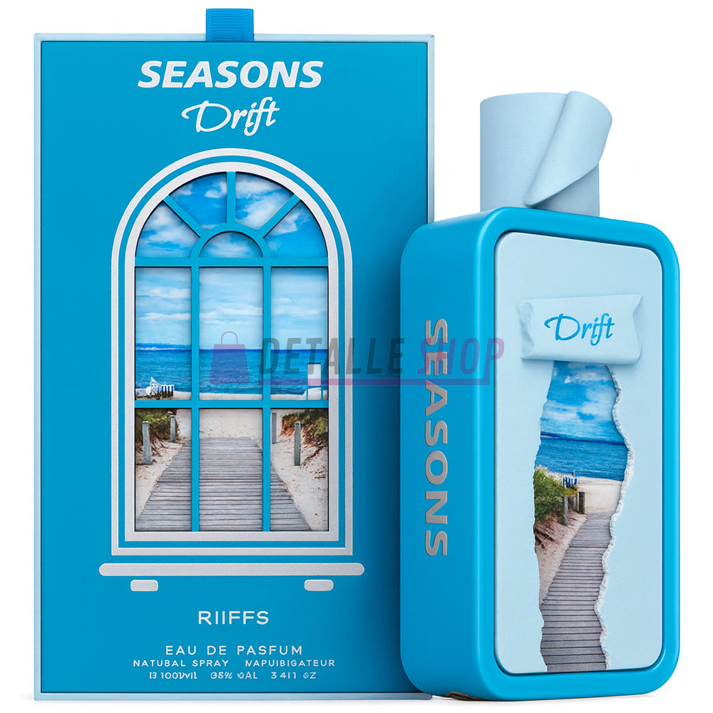 Bote y caja del perfume Seasons Drift de Riiffs, fragancia femenina elegante y original