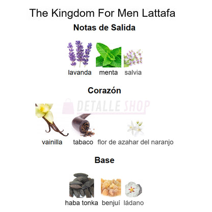 Fragancia oriental masculina THE KINGDOM de Lattafa, aroma intenso y sofisticado.