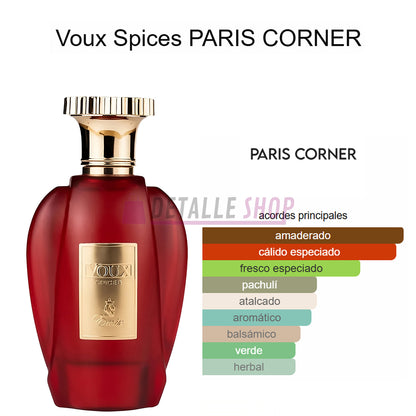 Notas olfativas del perfume Voux Spices de Paris Corner con acordes especiados y amaderados