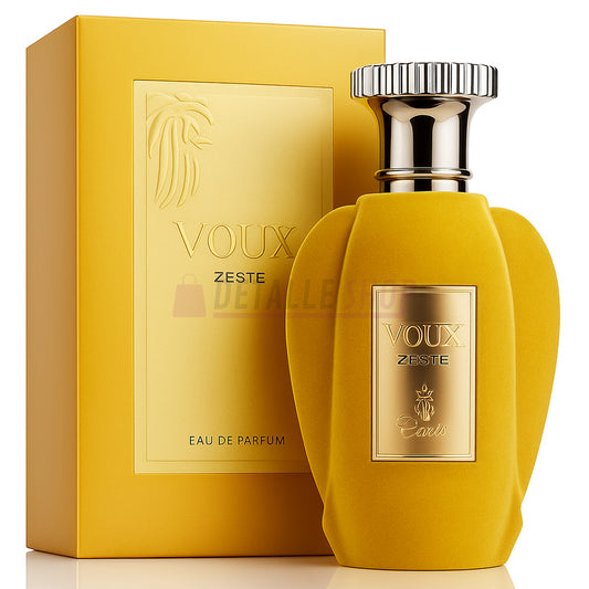 Perfume Voux Zeste Paris Corner, eau de parfum unisex de alta gama con diseño dorado elegante