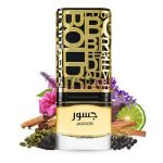 Jasoor de Lattafa Unisex Perfume Bottle - 100ml with a backdrop of aromatic ingredients including flowers, spices, and citrus.