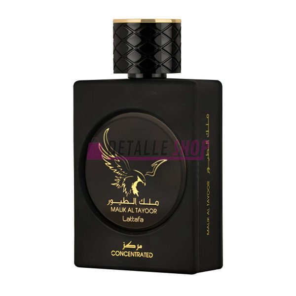 Malik Al Tayoor Concentrated perfume by Lattafa in an elegant black bottle, 100ml, showcasing Arabic fragrance sophistication.