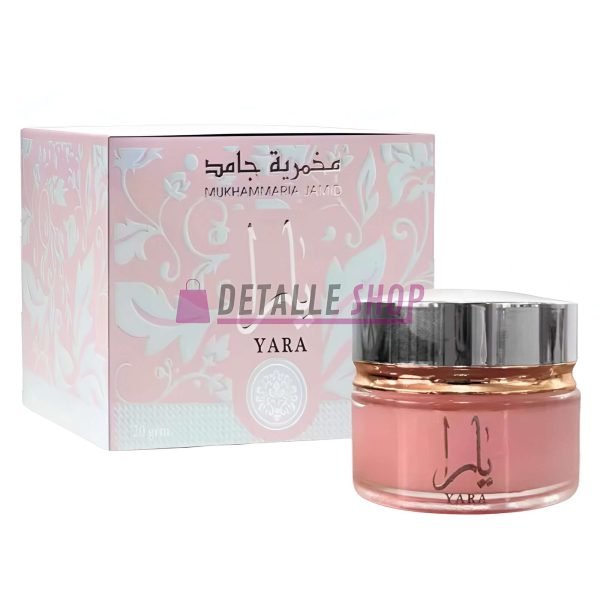 Mukhammaria Jamid Yara Vaselina de Ard Al Zaafaran 20gr perfume crema en caja rosa y frasco transparente