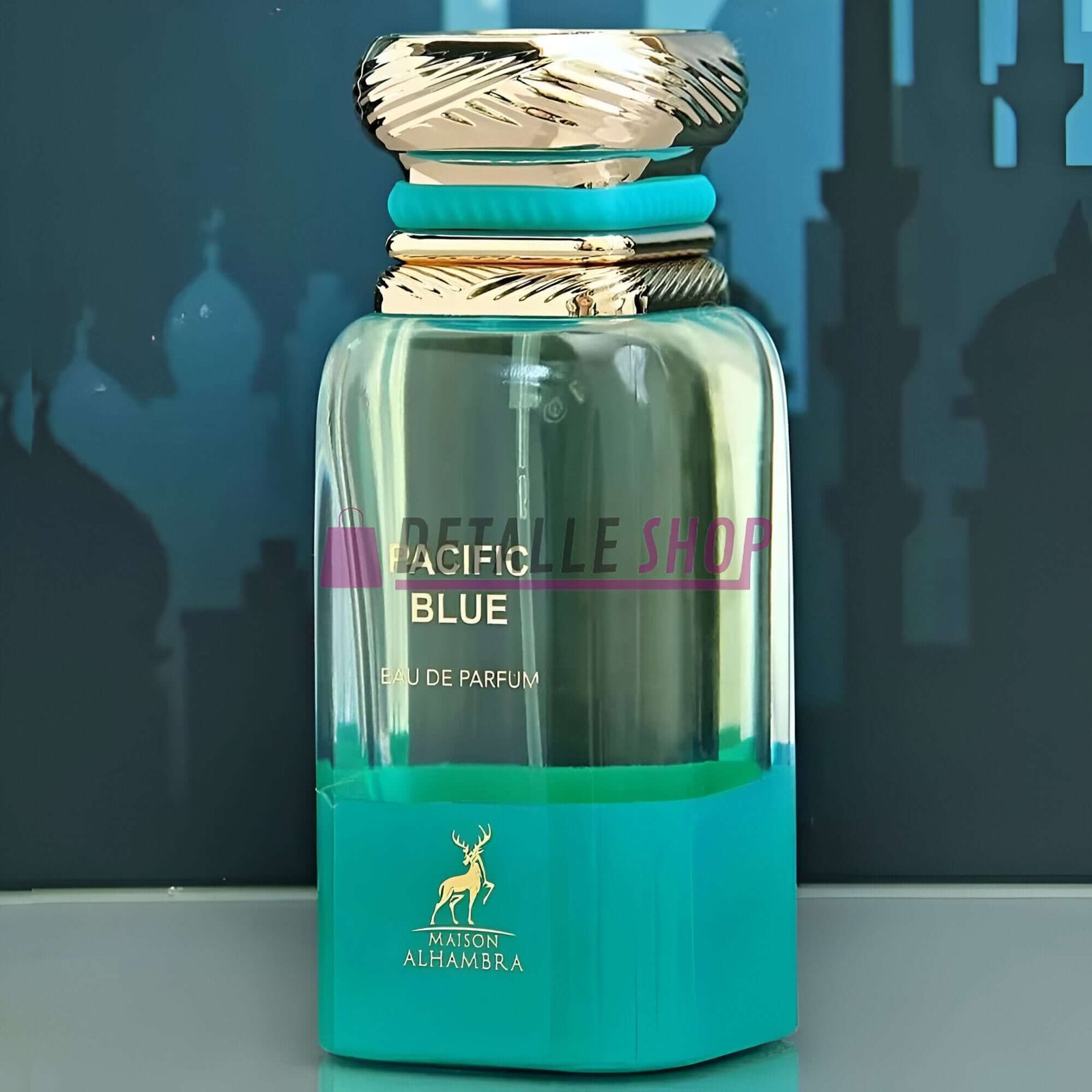 Pacific Blue de Maison Alhambra 80ml fragrance bottle with elegant design and refreshing citrus notes.