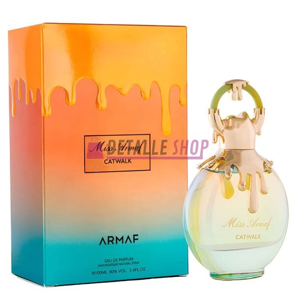 Miss Armaf Catwalk perfume bottle and packaging in vibrant colors, showcasing luxury and sophistication.