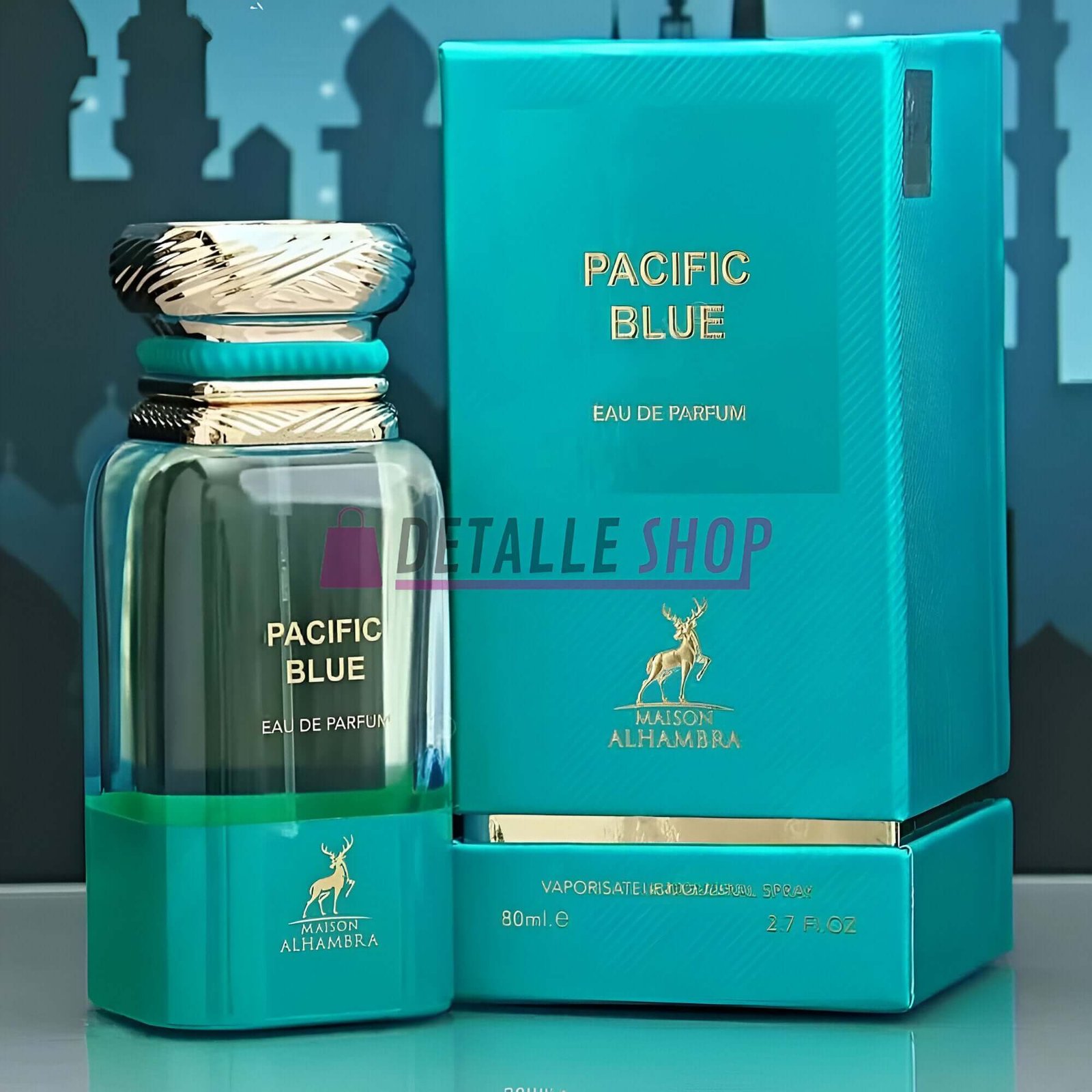 Pacific Blue de Maison Alhambra 80ml eau de parfum bottle and box, fresh citrus fragrance for all occasions.