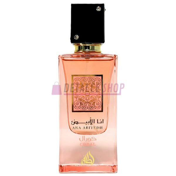 Ana Abiyedh Coral de Lattafa perfume árabe para mujer, frasco del perfume