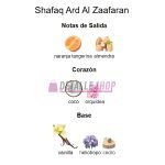 Shafaq Ard Al Zaafaran fragrance notes: tangerine, almond, coconut, orchid, vanilla, heliotrope, cedar.