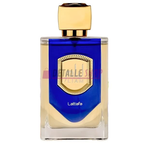 Botella del perfume Liam Blue Shine de Lattafa, aroma masculino original para verano fresco elegante comprar en amazon