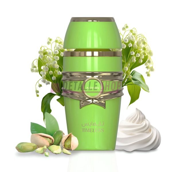 Timeless Pastels of Arabia de Adyan 100ml perfume bottle surrounded by lily of the valley, pistachios, and cream.