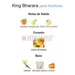 Fragancia King de Bharara con notas cítricas, frutas, ámbar y vainilla, perfume masculino duradero.