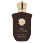 Botella original del perfume Dark Chocolate de Gulf Orchid, diseño elegante con tonos oscuros y dorados